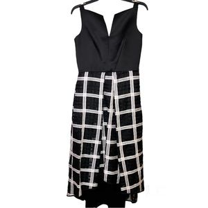 Milly Plaid Windowpane Sleeveless Satin Mixed Media MIDI Dress Black White 6‎